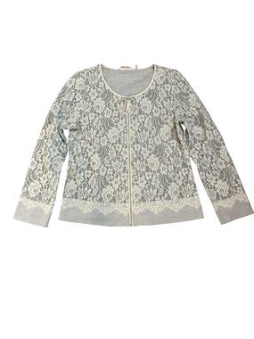 Soft Surroundings French Terry Light Gray Lace Zip-Front Cardigan